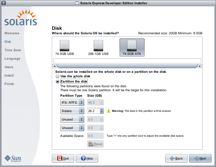 This panel enables you to select the disk where the Solaris OS will be installed. In this example, the users then chooses to partition the disk.