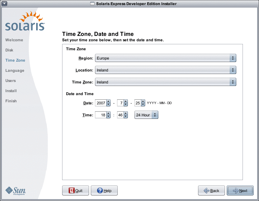 This panel enables you to enter the correct time zone, date, and time for the system to be installed.
