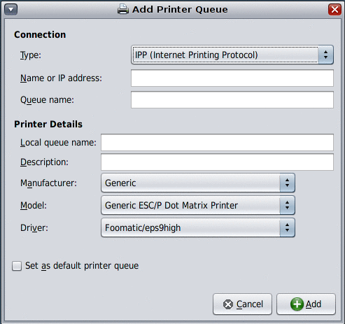 Graphic of the Add Printer Queue dialog that contains preconfigured settings for a new directly attached or new network‐attached printer.