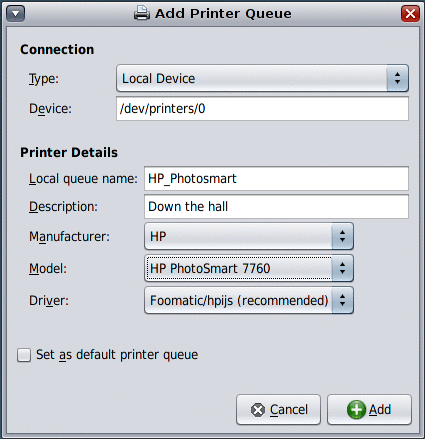 Graphic of the Add Printer Queue dialog that contains preconfigured settings for a new directly attached or new network‐attached printer.
