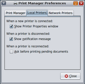 Graphic showing the local tab of the Print Manager Preferences dialog.