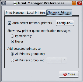 Graphic showing the Network tab of the OpenSolaris Print Manager application's Preferences dialog.