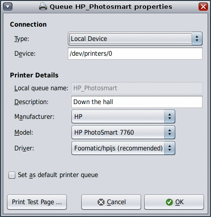 Graphic of the printer queue properties dialog, which is used to check or modify properties of an existing printer queue.