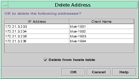 Dialog box shows list of IP addresses to delete and a check box labeled Delete from hosts table. Shows OK, Cancel, and Help buttons.