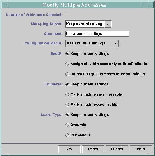 Dialog box shows pull-down lists labeled Managing Server and Configuration Macro. Shows selections for BOOTP, Unusable addresses, and Lease Type.
