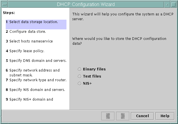 Dialog box shows storage choices, back and forward arrows, and Cancel and Help buttons.