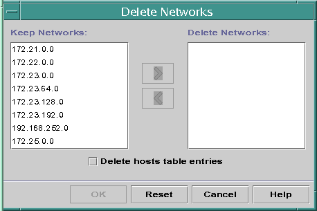 Dialog box shows two lists, Keep Networks and Delete Networks, with selection arrows between them. Check box for Delete host table entries also shown.