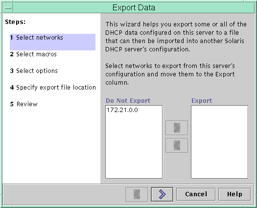 Dialog box lists steps to export data to a file. Shows two lists of networks, titled Do Not Export and Export. Shows arrow buttons between the lists.