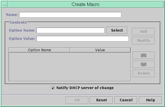 Dialog box shows Name, Option Name, and Option Value fields. Shows Select button, empty list of options, and check box to notify the DHCP server. 