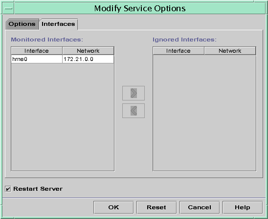 Dialog box lists Monitored and Ignored Interfaces on left and right with selection arrows between lists. OK, Reset, Cancel, and Help buttons shown.