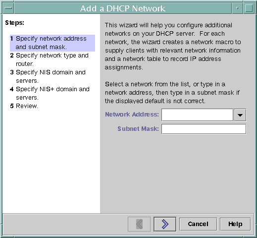 Dialog box shows a Network Address pull-down list and Subnet Mask field with a right selection arrow. Cancel and Help buttons are also shown.
