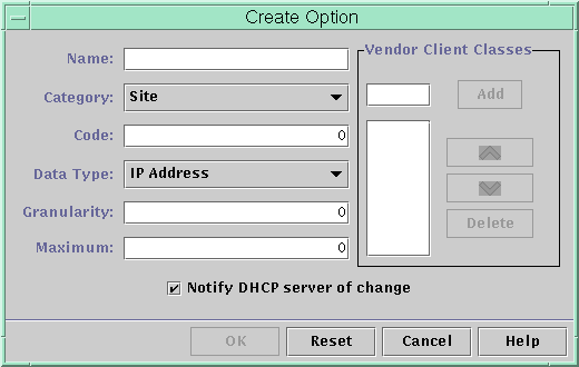 Dialog box shows fields that define properties of a new option. Shows Vendor Client Classes area and Notify DHCP server check box.