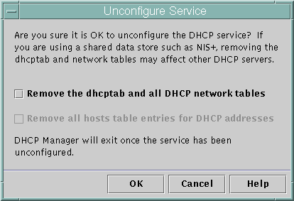 Dialog box shows choices for removing DHCP data. Shows OK, Cancel, and Help buttons.
