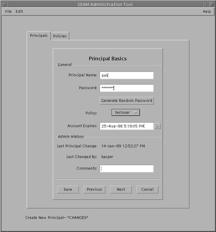 Dialog box titled SEAM Administration Tool shows account data for the pak principal. Shows password, account expiration date, and testuser policy.