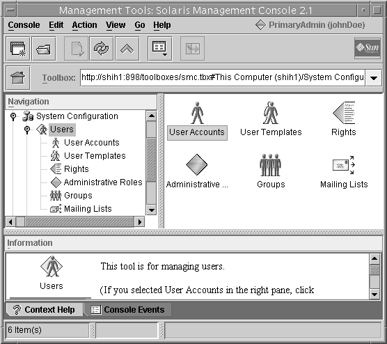 Window titled Management Tools shows the Navigation pane on the left, the Tools pane on the right, and the Information pane with Context Help below.