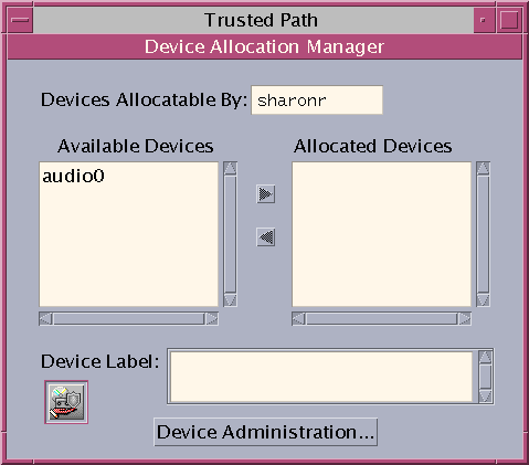 Screen shows the Device Allocation Manager with an audio device in the Available Devices list.