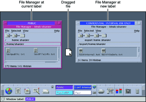 Illustration shows file managers at 2 different labels, and a file being dragged from one manager to the other.